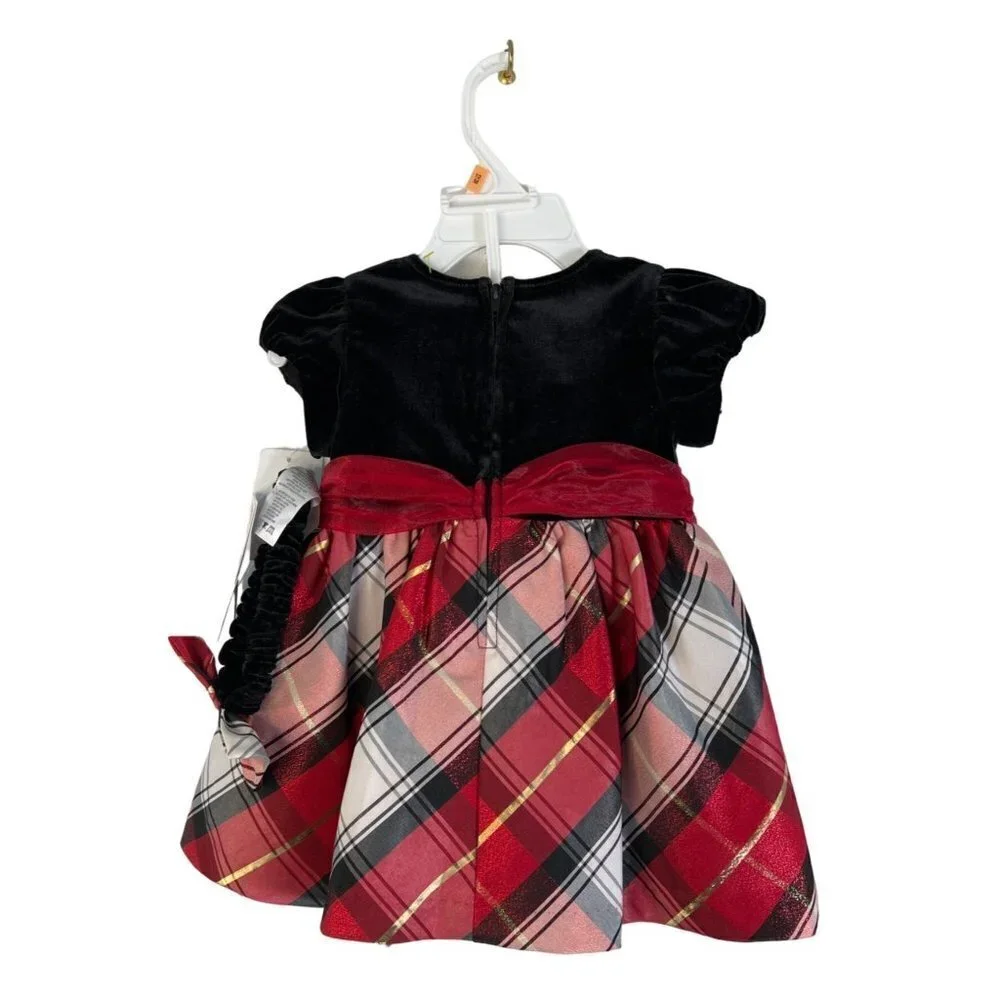 NWT Bonnie Baby Fancy Plaid Velvet Formal Dress +Panty & Headband Girls Size 12M
